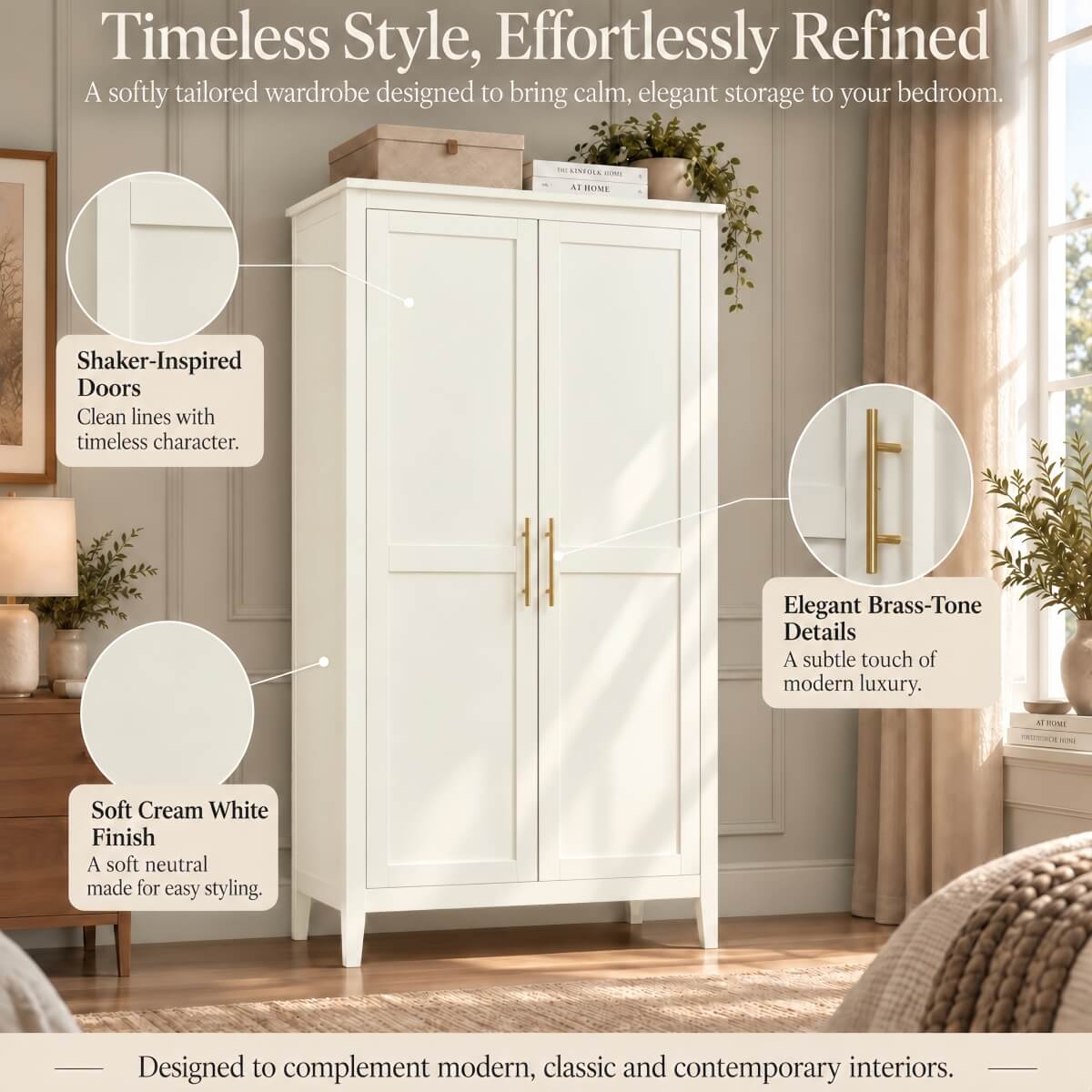 2-Door Freestanding Wardrobe - Hanging Rail, Storage Shelf, Gold Handles and Raised Legs, Cream White
