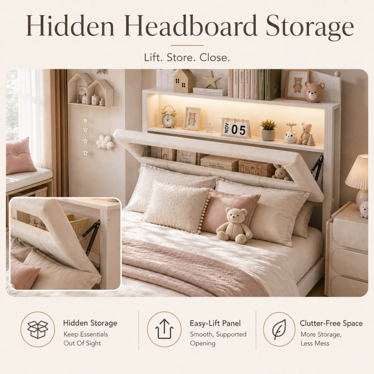 3ft Single Upholstered Storage Bed with LED Lights - Storage Headboard and Footboard, Velvet, Cream White
