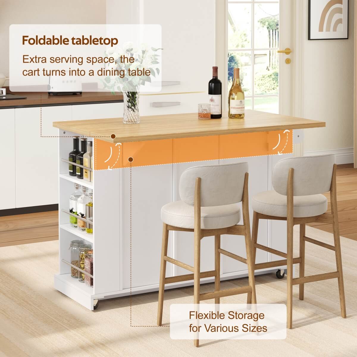 Kitchen Island Trolley with Foldable Worktop - Kitchen Cart on Wheels with Double-Sided 3-Tier Storage Shelves, 3 Drawers and Lockable Castors