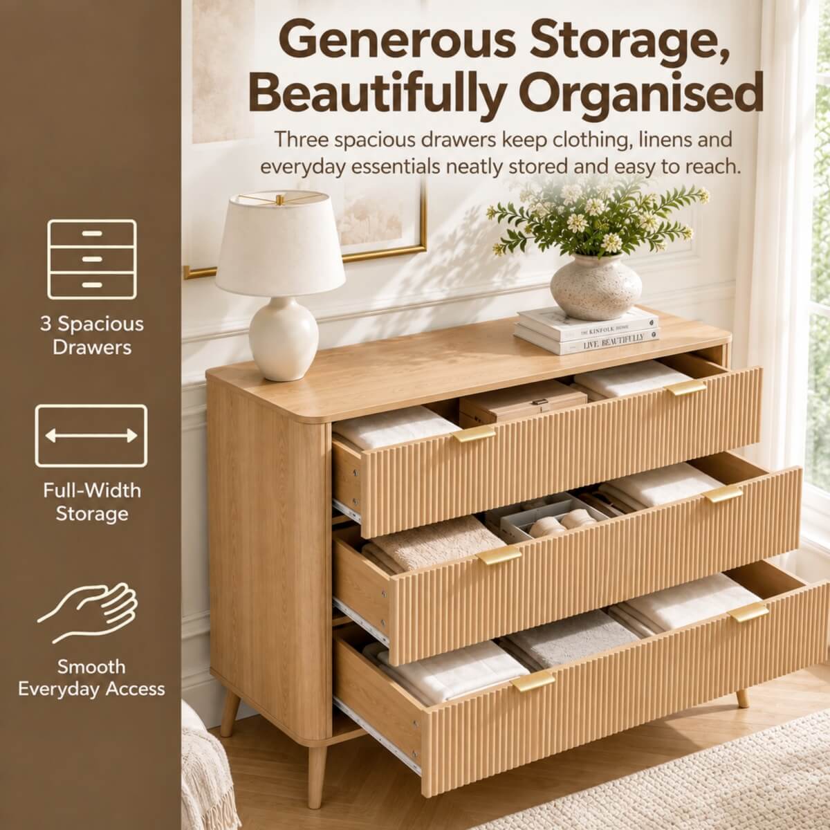 3-Drawer Chest of Drawers - Fluted Bedroom Storage Unit with Rounded Corners, Gold Handles and 4 Solid Wood Legs, Natural Oak Effect