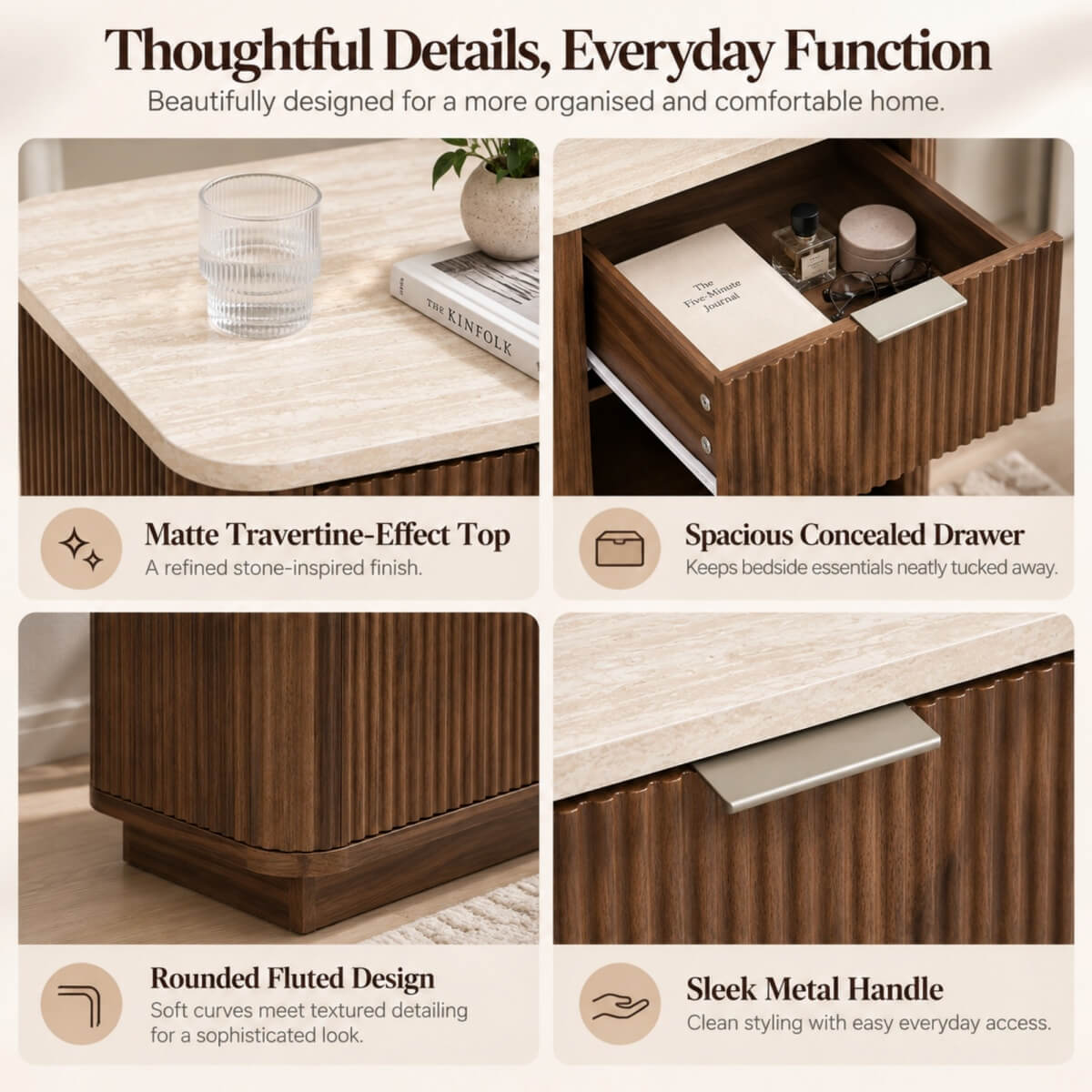 Set of 2 Modern Fluted Bedside Tables - Walnut Effect with Travertine Effect Tops, Drawer and Open Shelf