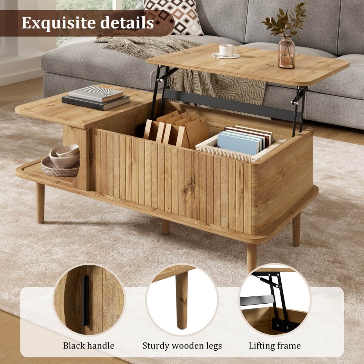 Retro Lift Top Coffee Table with Sliding Door - Wood Effect Finish, Vertical Slat Design and Wooden Legs, Natural