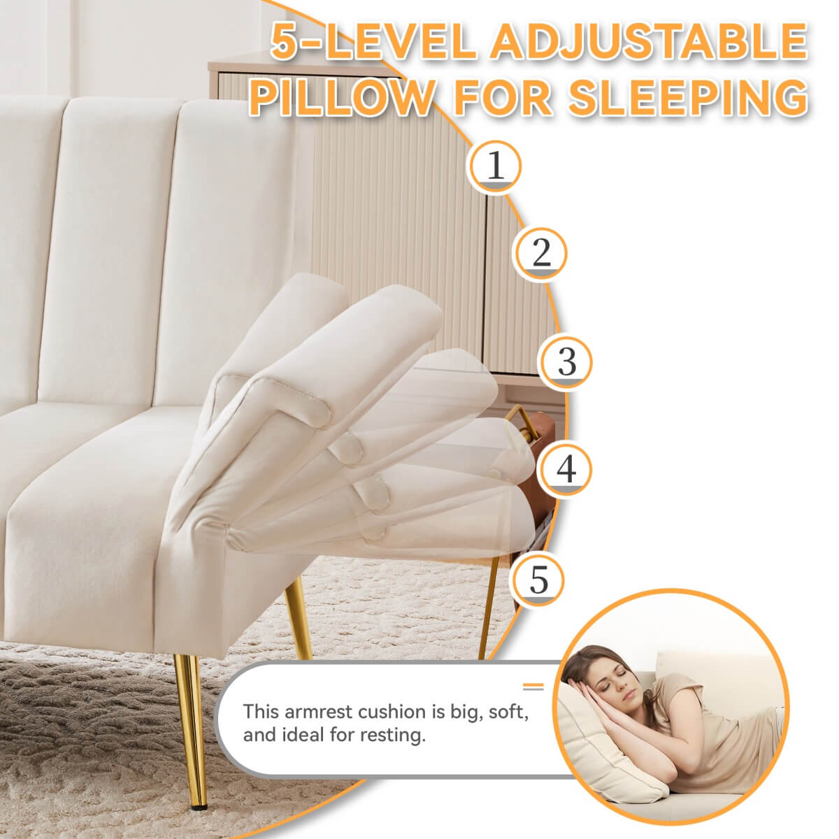 Modern Velvet Sofa Bed - Adjustable Backrest & Armrests, Convertible Sleeper with Metal Legs for Living Room, Bedroom & Guest Room, Beige