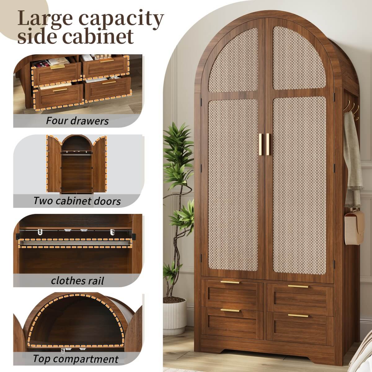 Modern Wardrobe with Curved Doors - Bedroom Storage Cabinet with Hanging Rail and Drawers, Walnut