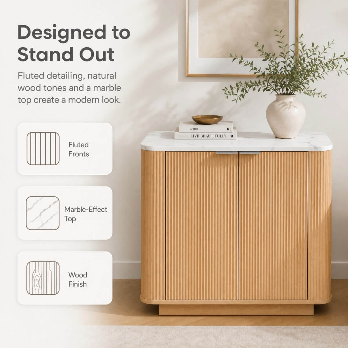 Fluted 2-Door Sideboard - Oak Effect with Marble Effect Top, 2-Tier Shelves, Rounded Corners and Metal Handles