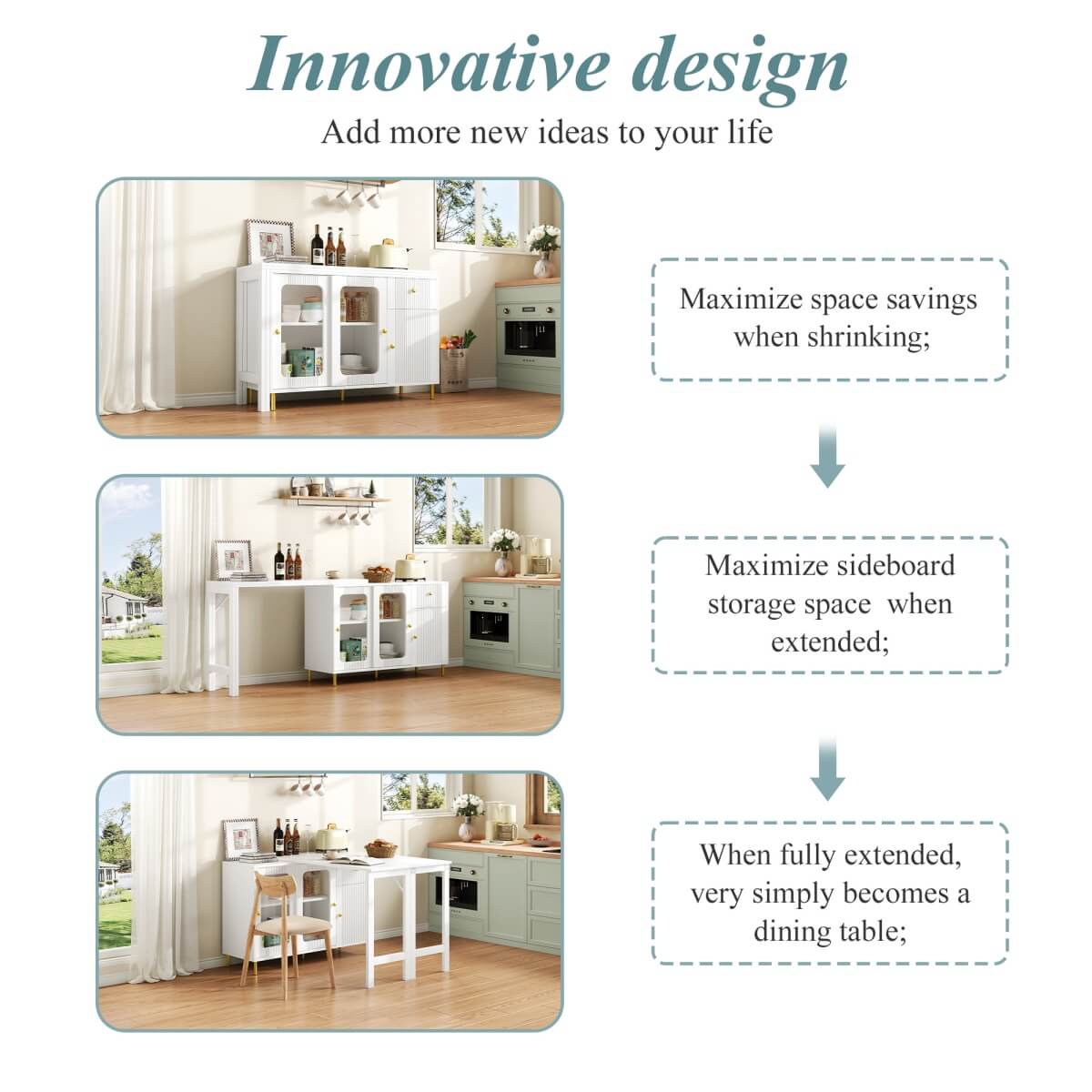 Multifunctional Bar Table – Dining & Storage Cabinet with Rotating Extendable Top and Glass Doors