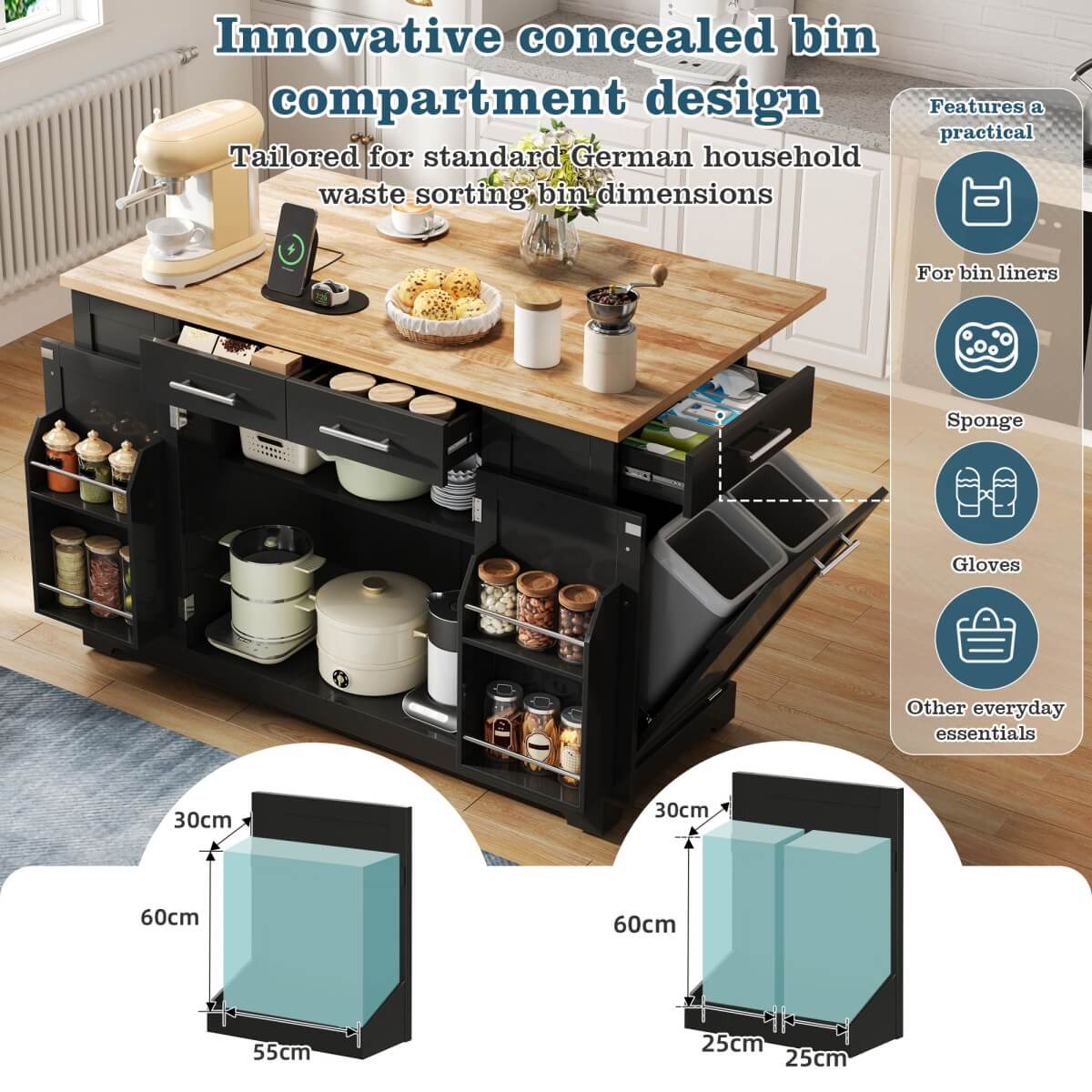 138cm Kitchen Island on Wheels with Folding Worktop - Mobile Kitchen Cabinet with Pull-Out Bin & Power Outlet