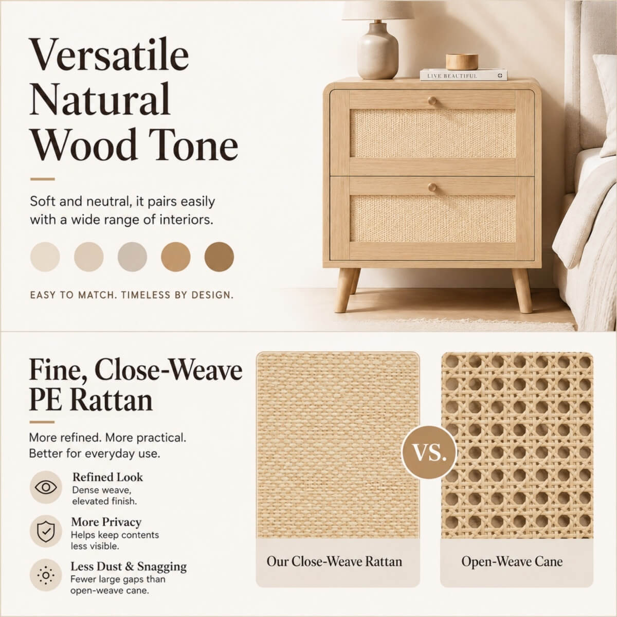 Set of 2 Rattan Effect Bedside Tables with 2 Drawers - Rounded Corners and Raised Legs, Natural Oak