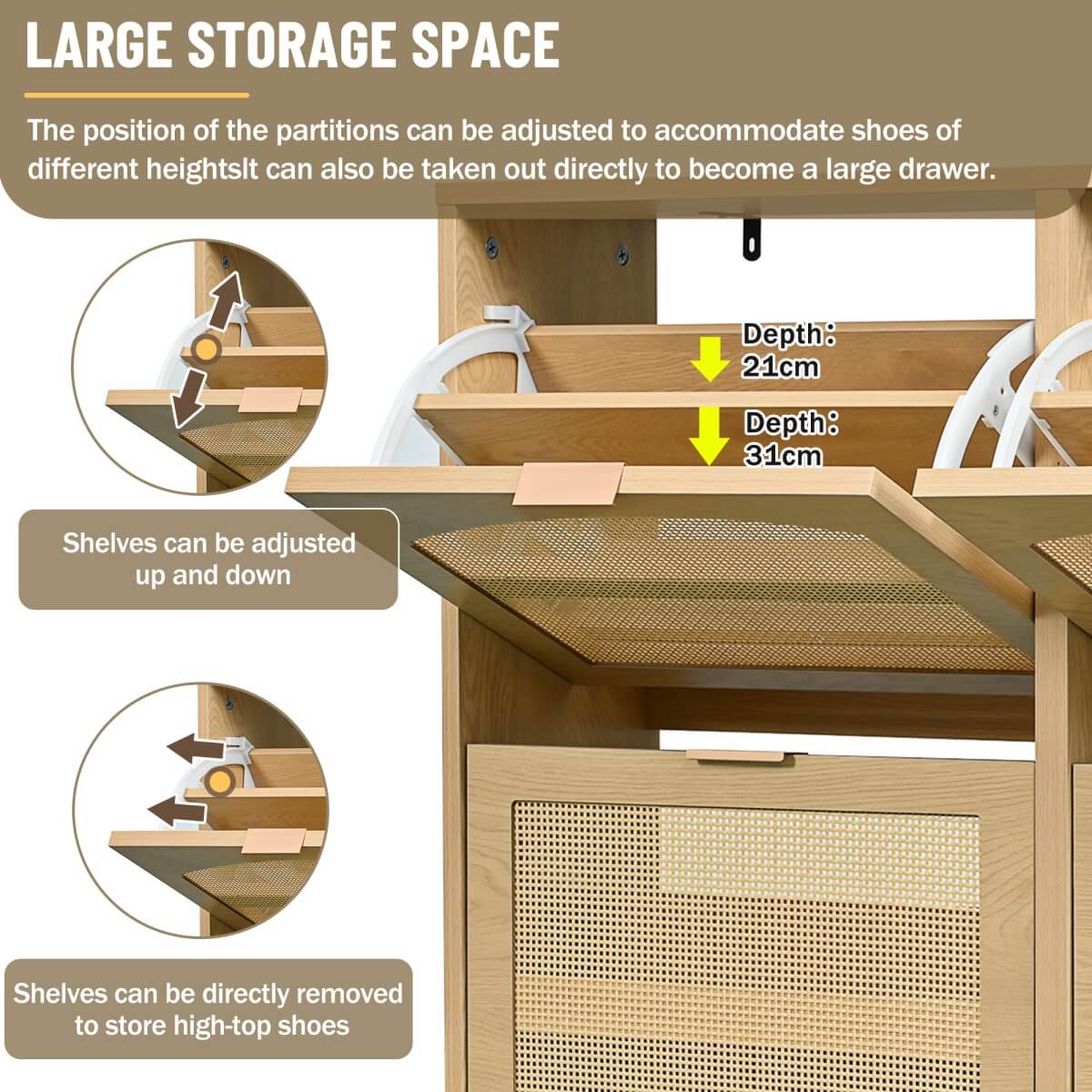 Slim Rattan Shoe Cabinet with 4 Drawers - Space Saving Hallway Storage Unit, Light Oak