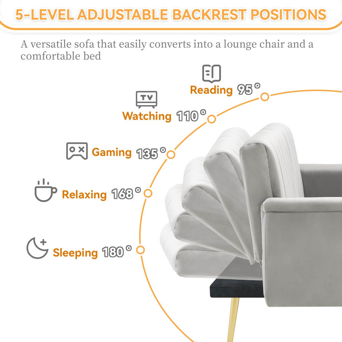 Modern Velvet Sofa Bed - Adjustable Backrest & Armrests, Convertible Sleeper with Metal Legs for Living Room, Bedroom & Guest Room, Grey
