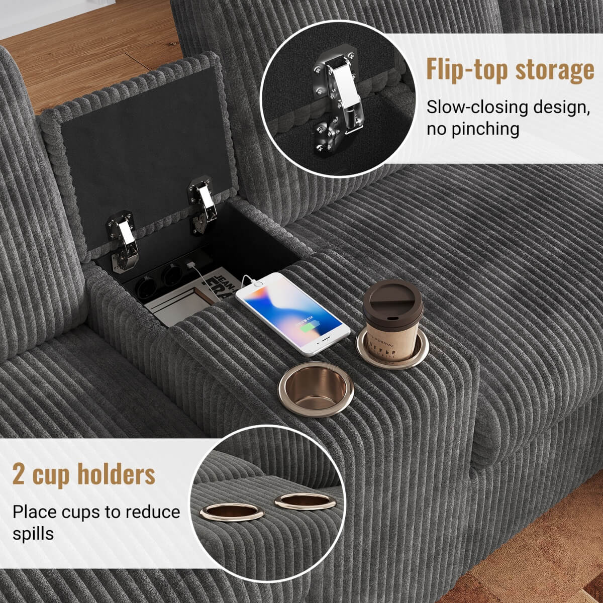 U Shaped Corduroy Sectional Sofa - Modular Sofa with Storage Ottomans, USB & Type-C Charging, Grey