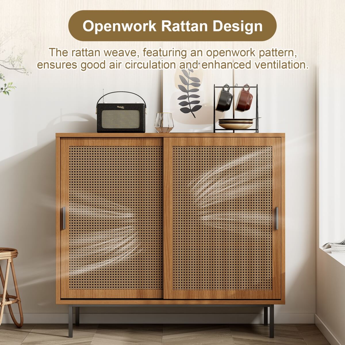 Rattan Sideboard Cabinet - Walnut Storage Cupboard with Sliding Barn Doors and Adjustable Shelves