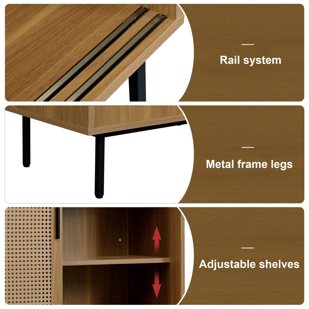 Rattan Sideboard Cabinet - Walnut Storage Cupboard with Sliding Barn Doors and Adjustable Shelves
