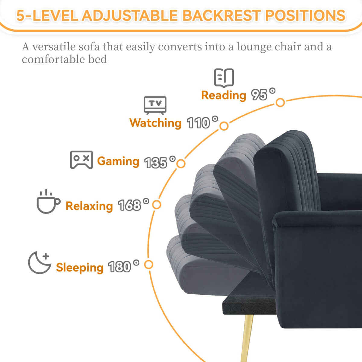 Modern Velvet Sofa Bed - Adjustable Backrest & Armrests, Convertible Sleeper with Metal Legs for Living Room & Guest Room, Black