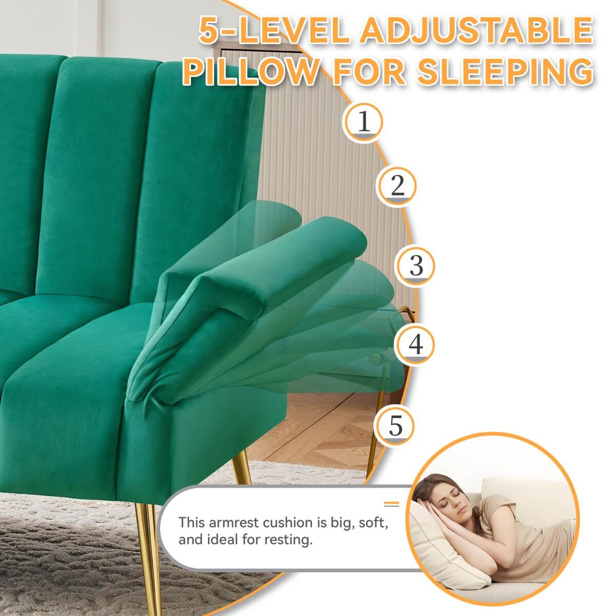 Modern Velvet Sofa Bed - Adjustable Backrest & Armrests, Convertible Sleeper with Metal Legs for Living Room, Bedroom & Guest Room, Green