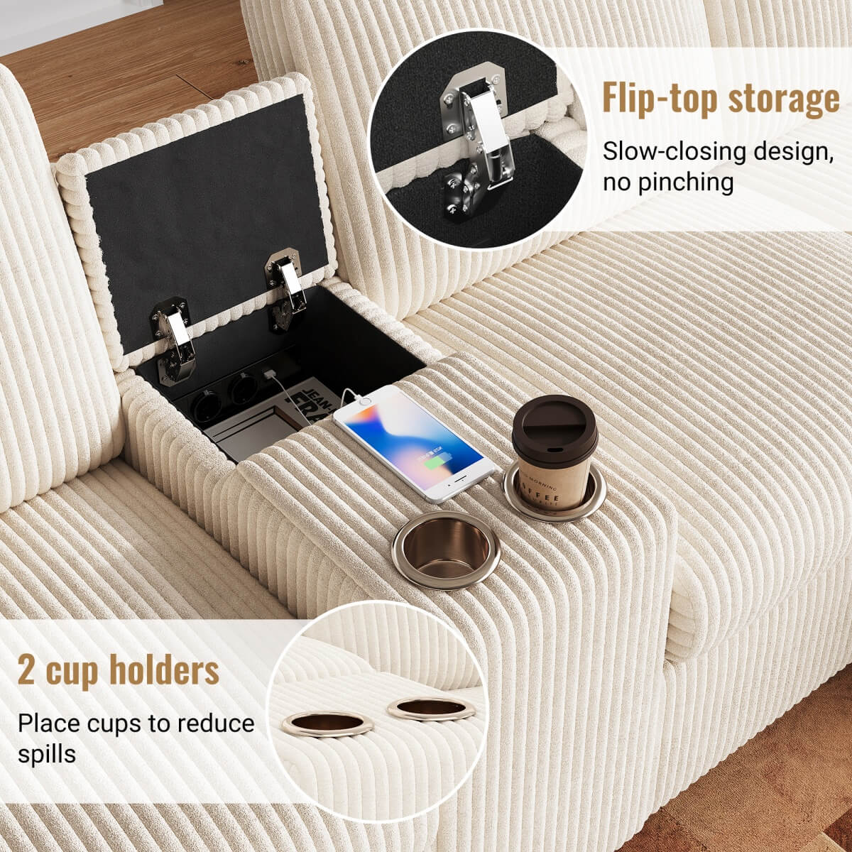 U Shaped Corduroy Sectional Sofa - Modular Sofa with Storage Ottomans, USB & Type-C Charging, Beige