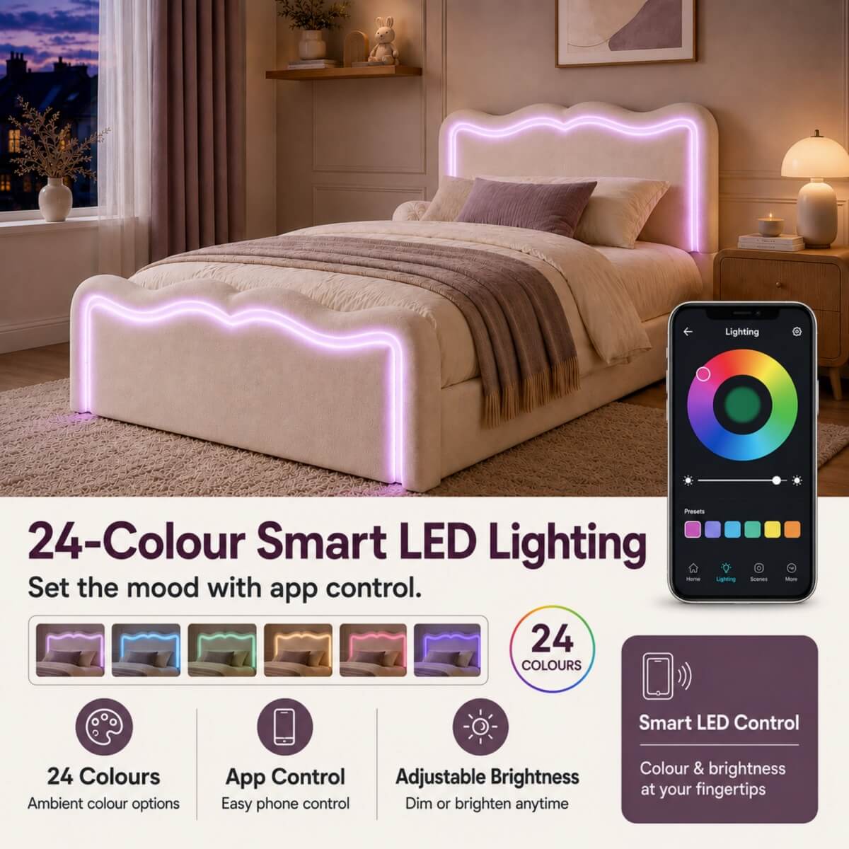 3ft Single Velvet Ottoman Storage Bed - Upholstered Hydraulic Bed with LED Lights, Wave Headboard and Metal Slatted Base, Cream White