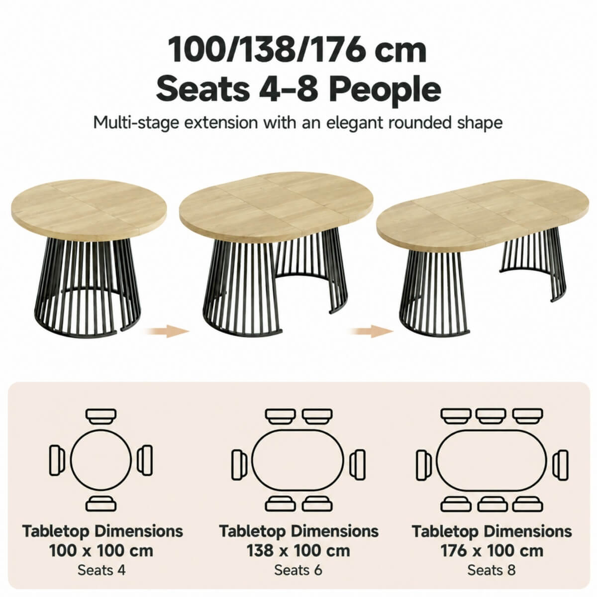 4-8 Seater Extendable Round Dining Table - Round to Oval Kitchen Table with 3cm Thick Tabletop and Metal Pedestal Base, Oak and Black