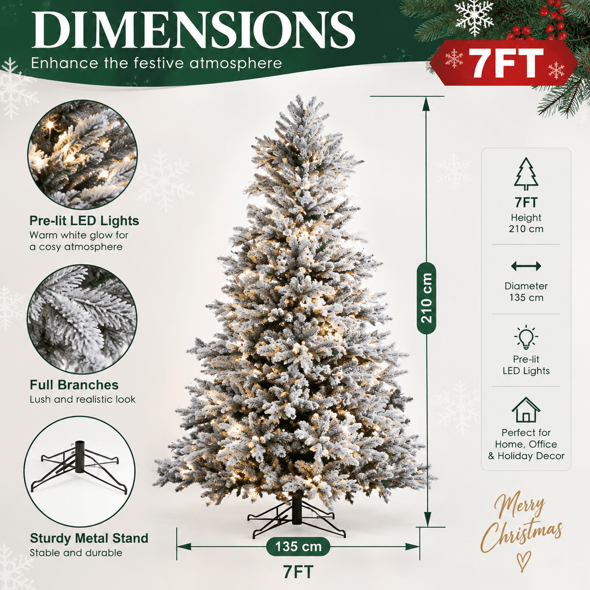 Pre-Lit Flocked Christmas Tree - Artificial Snow-Flocked Christmas Tree with Built-in Lights