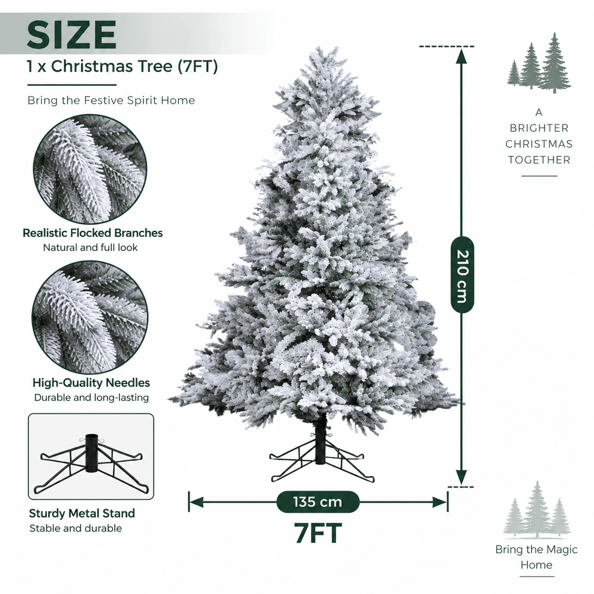 Snow-Flocked Artificial Christmas Tree - Realistic Green Xmas Tree with Faux Snow Effect, 7ft/8ft