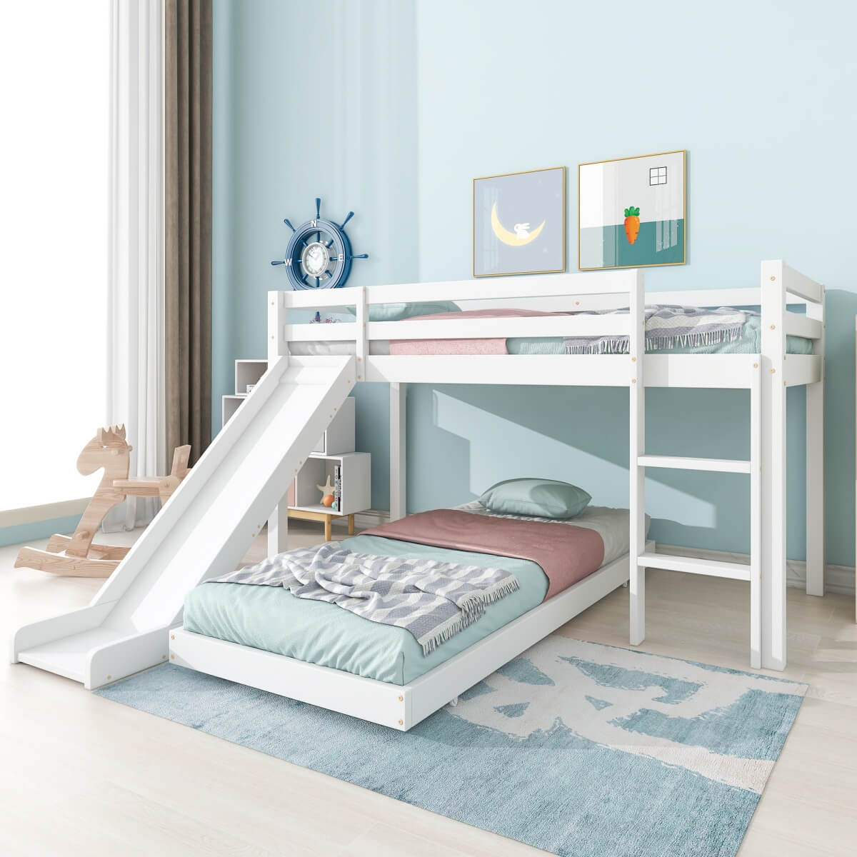 Children's Cabin Bunk Bed with Slide & Ladder — Adjustable Lower Bed for Kids