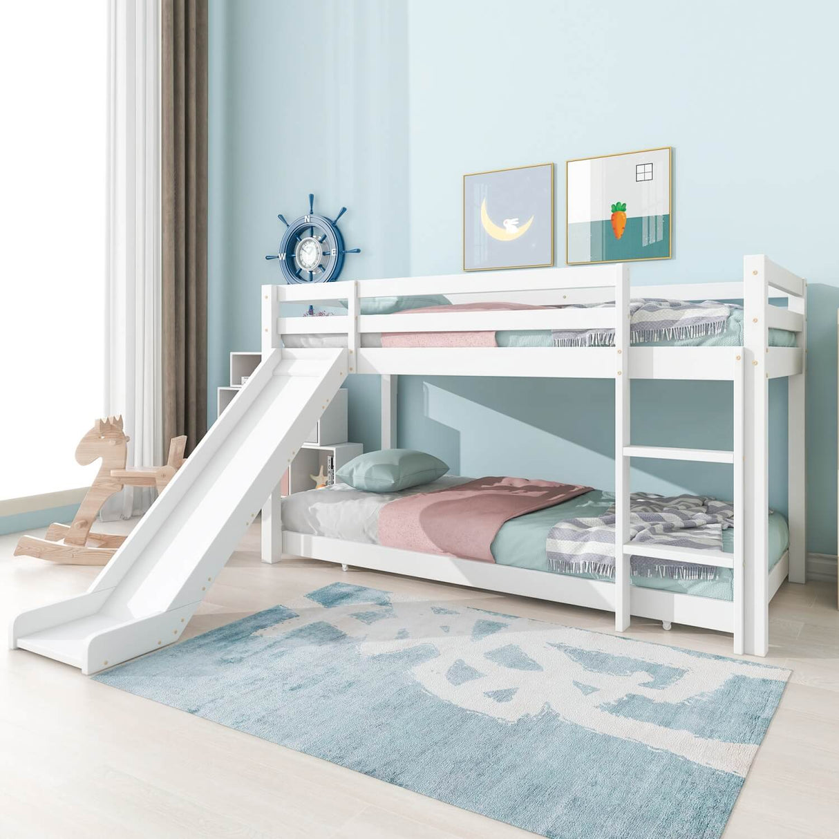Children's Cabin Bunk Bed with Slide & Ladder — Adjustable Lower Bed for Kids