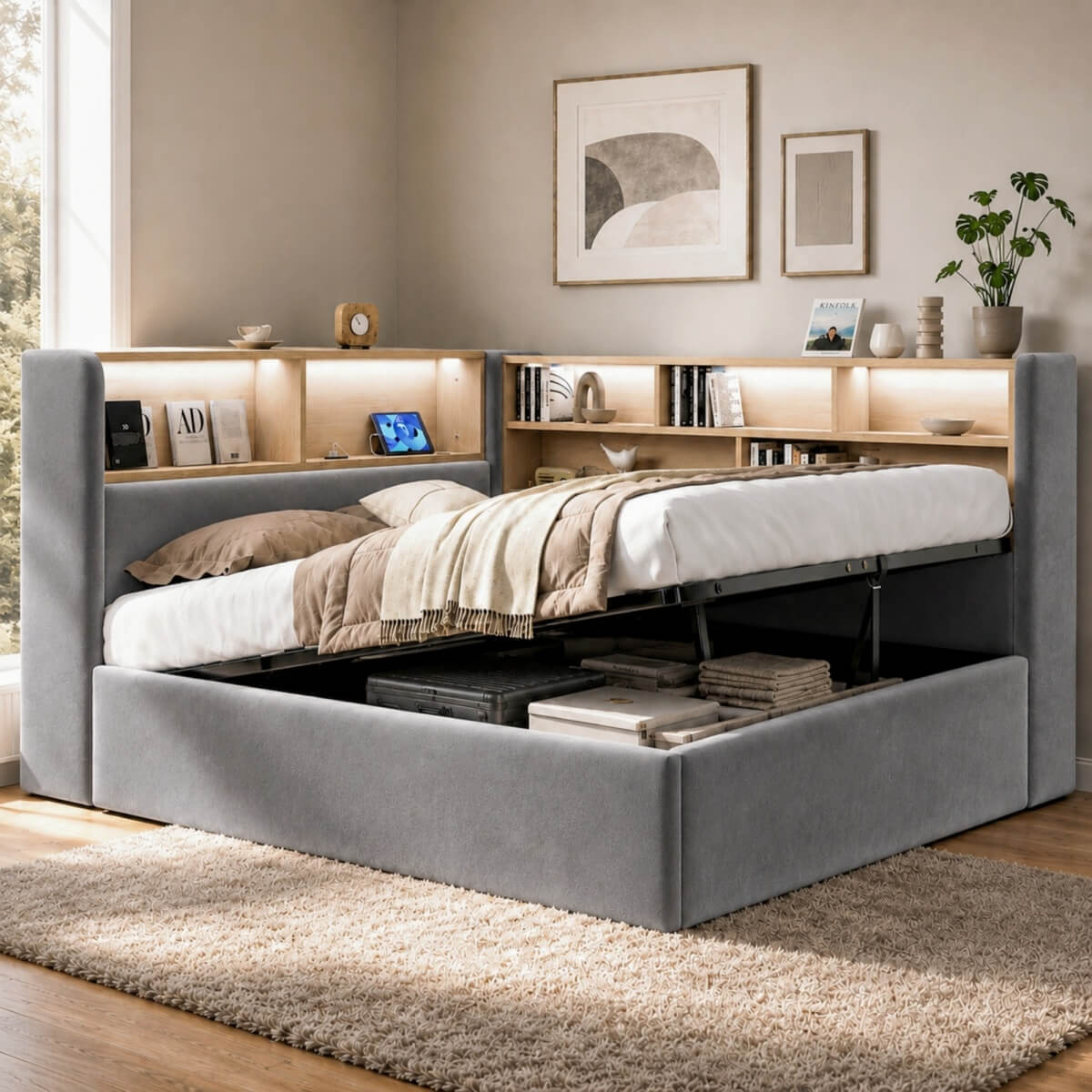3ft Single Velvet Upholstered Daybed with Hydraulic Storage - L-Shaped Sofa Bed with LED Lights and USB Charging, Grey
