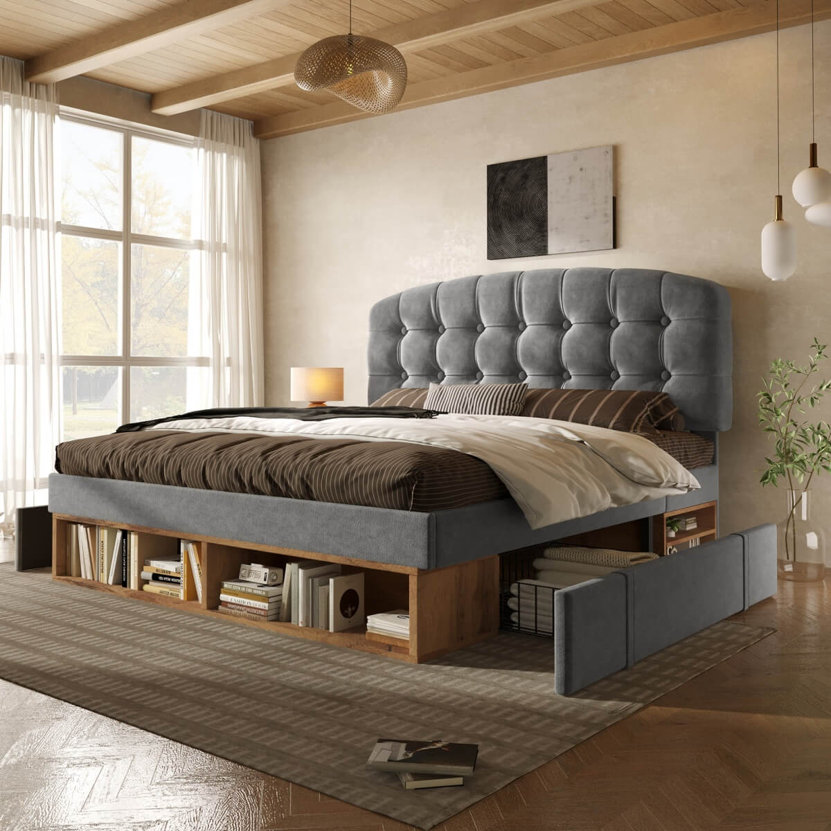 4ft6 Double Velvet Storage Bed - Upholstered Bed Frame with Drawers and Adjustable Headboard, Grey
