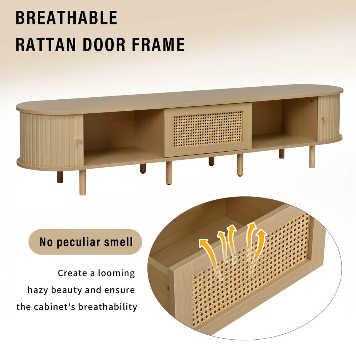 Oval TV Stand with 1 Rattan Drawer & 2 Sliding Doors – Light Wood TV Cabinet Sideboard for Living Room
