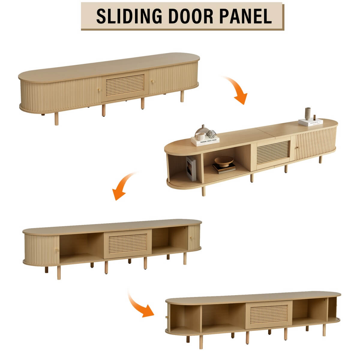 Oval TV Stand with 1 Rattan Drawer & 2 Sliding Doors – Light Wood TV Cabinet Sideboard for Living Room