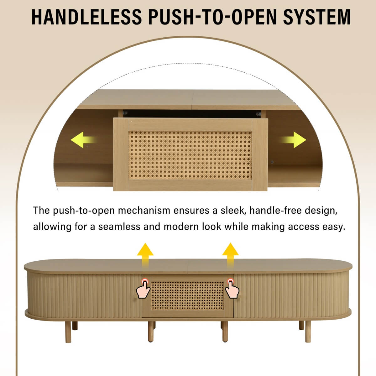Oval TV Stand with 1 Rattan Drawer & 2 Sliding Doors – Light Wood TV Cabinet Sideboard for Living Room