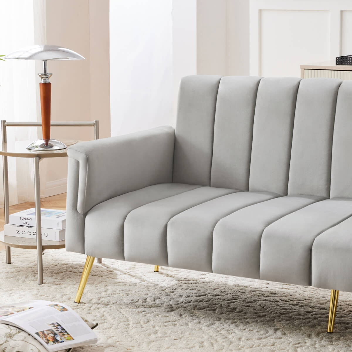 Modern Velvet Sofa Bed - Adjustable Backrest & Armrests, Convertible Sleeper with Metal Legs for Living Room, Bedroom & Guest Room, Grey