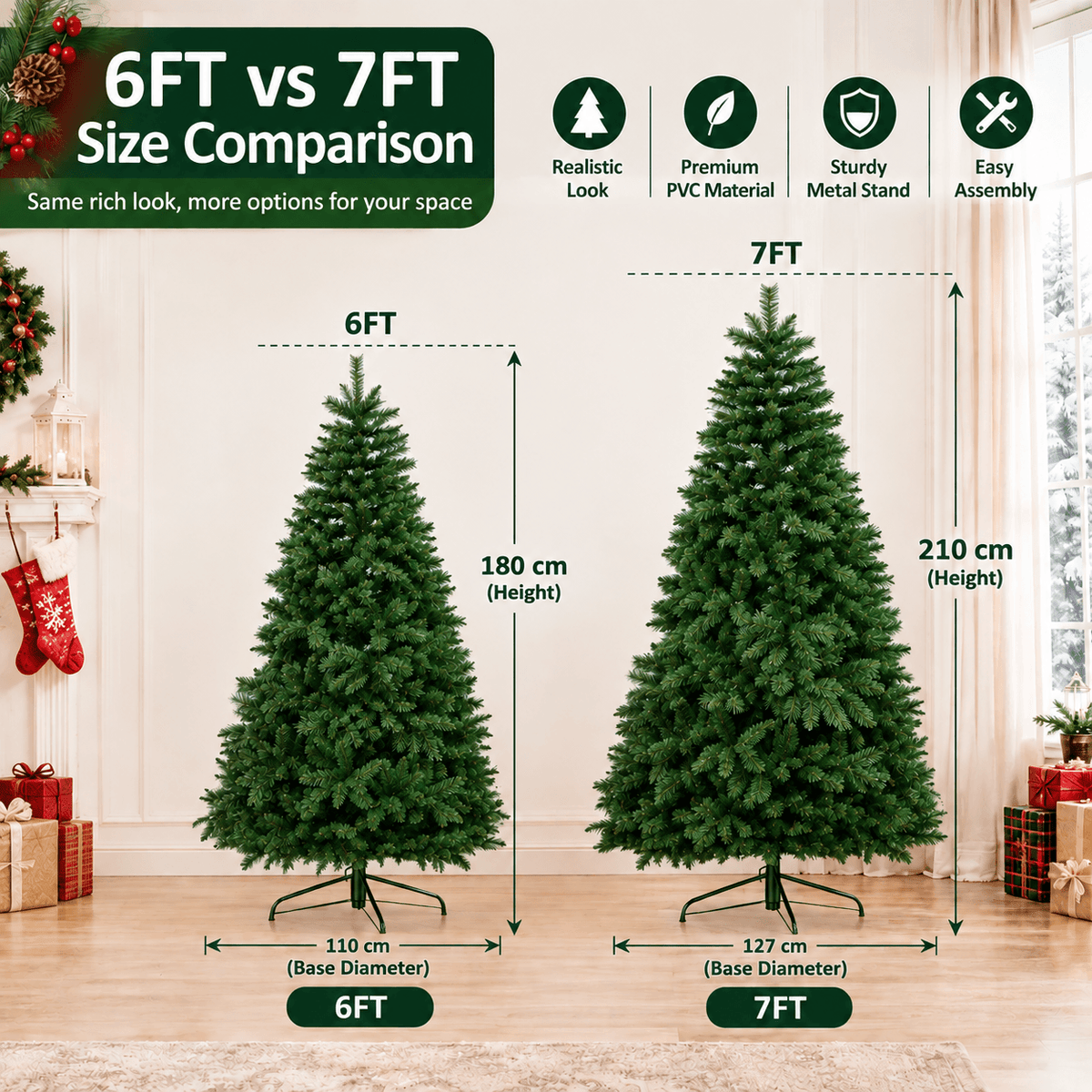 Realistic Full Green Artificial Christmas Tree - Premium PVC Xmas Tree for Indoor Home & Festive Decoration, 6ft/7ft