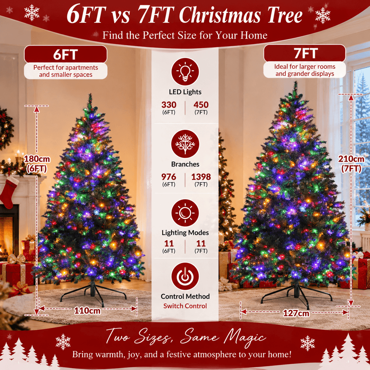 Realistic Full Green Artificial Christmas Tree - Premium PVC Xmas Tree with Pre-Lit 11-Mode Color-Changing LED Lights, 6ft/7ft