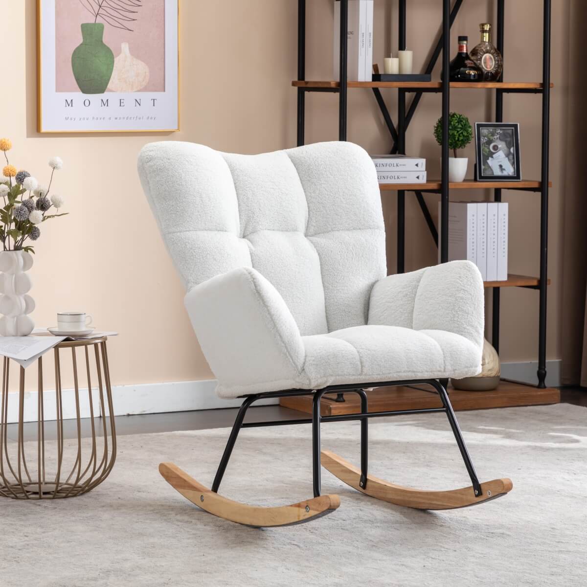Teddy Fabric Upholstered Rocking Chair with Padded Seat and 2 Side Pockets - Tufted Nursery and Living Room Chair, Ivory White