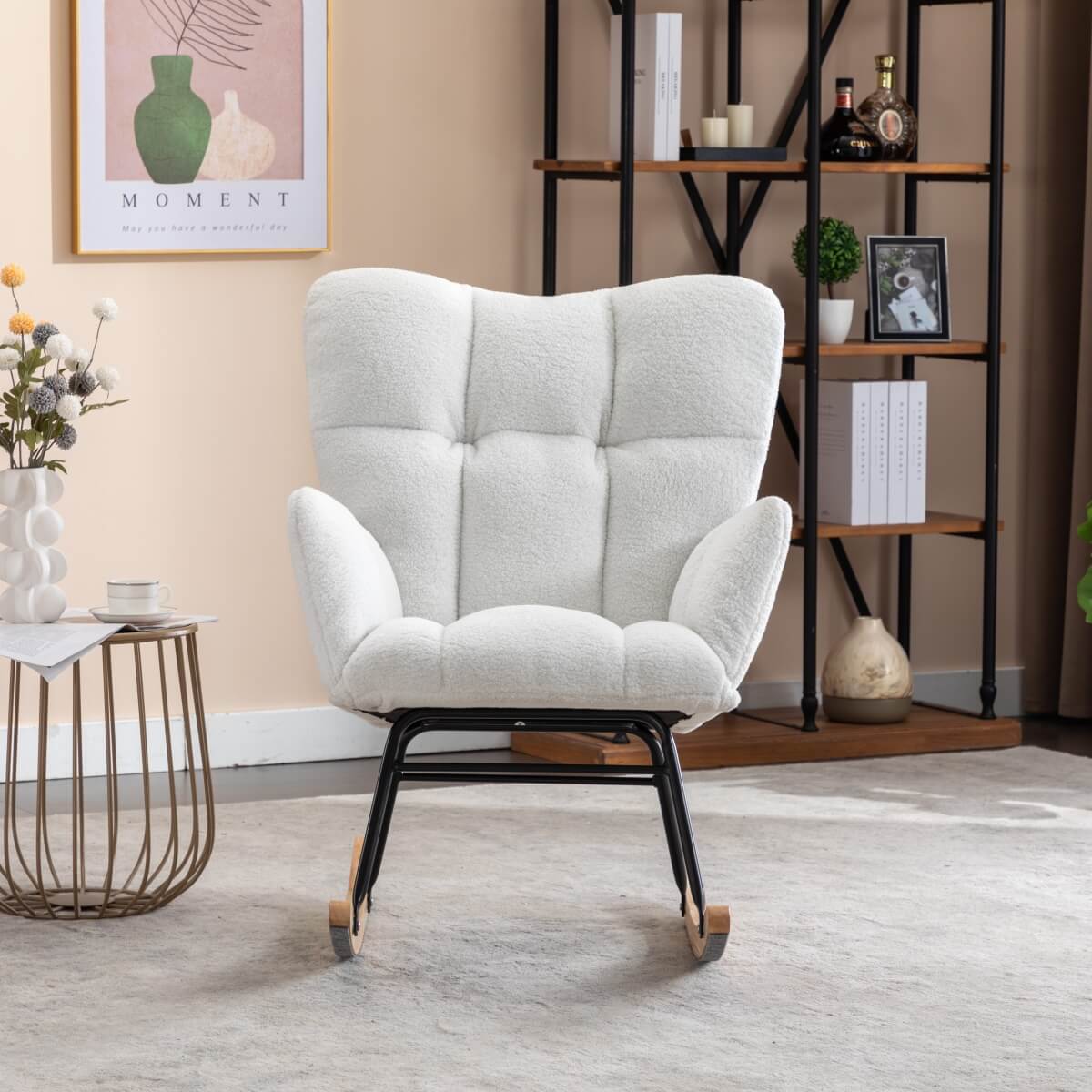 Teddy Fabric Upholstered Rocking Chair with Padded Seat and 2 Side Pockets - Tufted Nursery and Living Room Chair, Ivory White