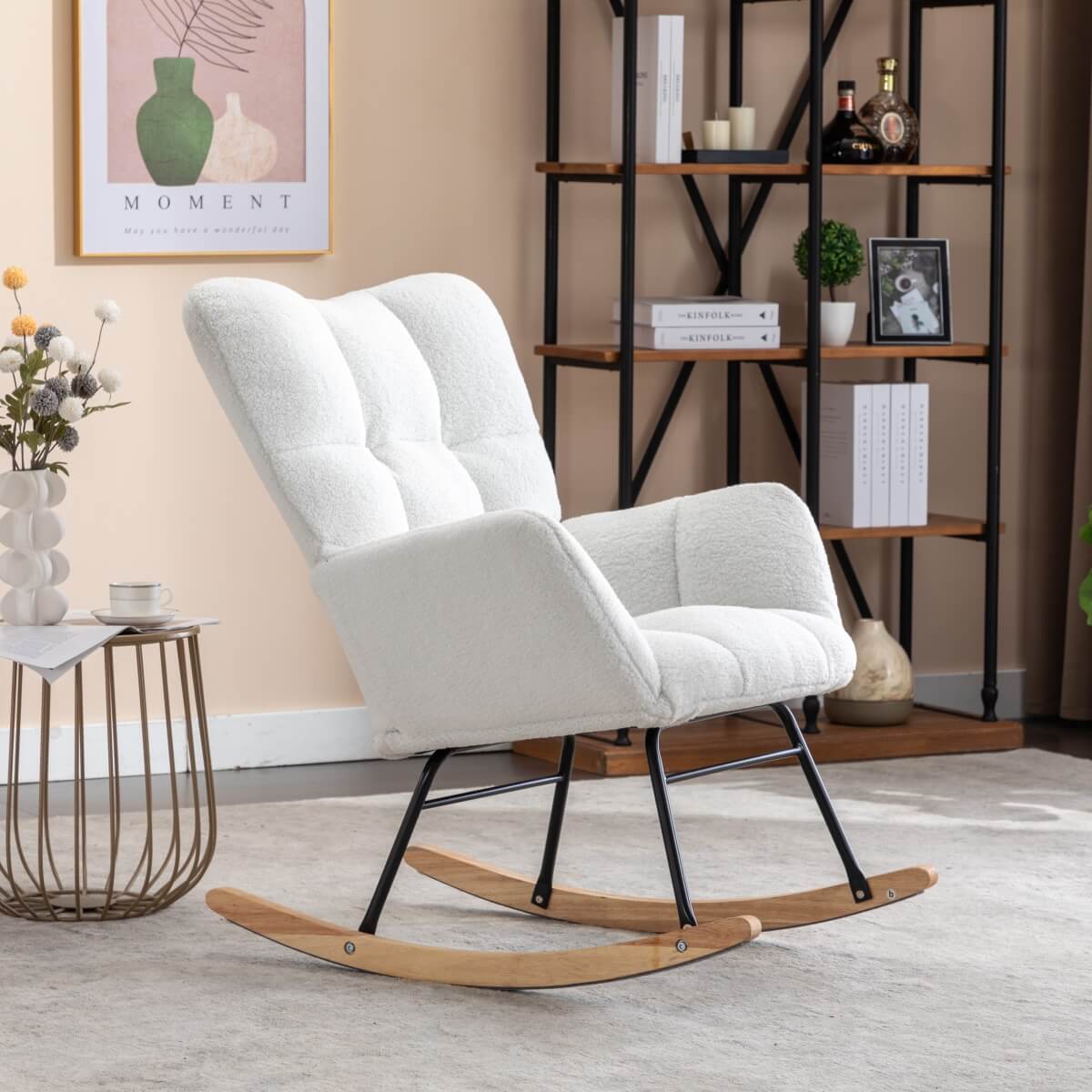 Teddy Fabric Upholstered Rocking Chair with Padded Seat and 2 Side Pockets - Tufted Nursery and Living Room Chair, Ivory White