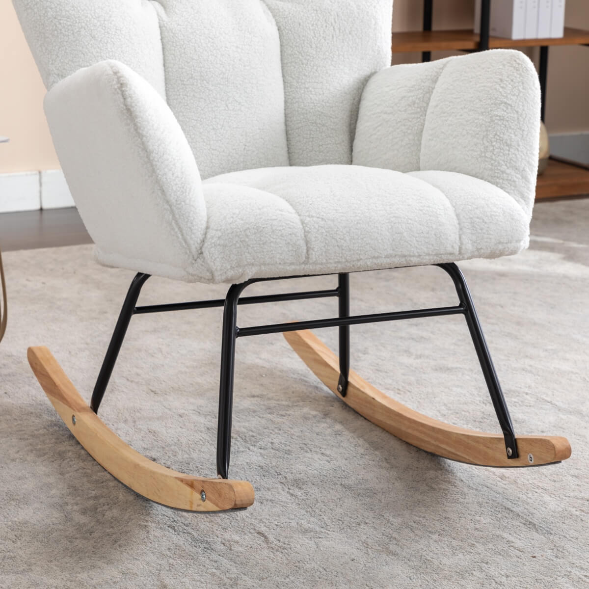 Teddy Fabric Upholstered Rocking Chair with Padded Seat and 2 Side Pockets - Tufted Nursery and Living Room Chair, Ivory White
