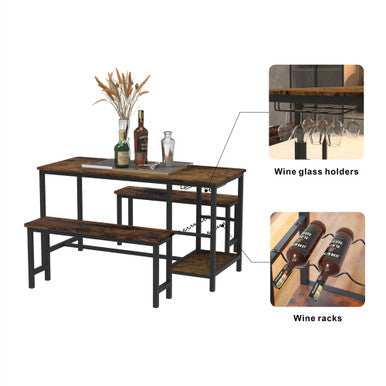 3-Piece Brown Dining Table and Bench Set with Compact Design - PAD-24612D