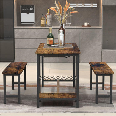 3-Piece Brown Dining Table and Bench Set with Compact Design - PAD-24612D