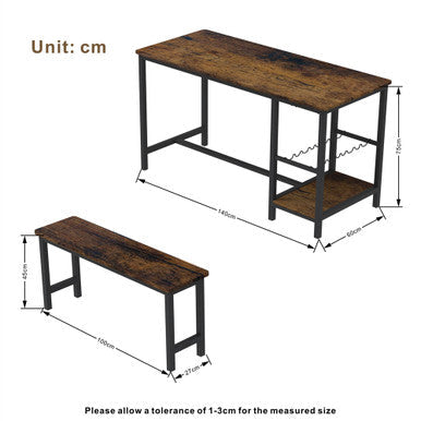 3-Piece Brown Dining Table and Bench Set with Compact Design - PAD-24612D