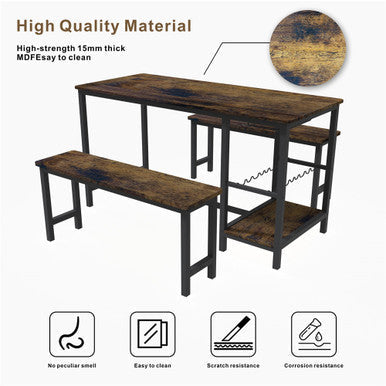 3-Piece Brown Dining Table and Bench Set with Compact Design - PAD-24612D