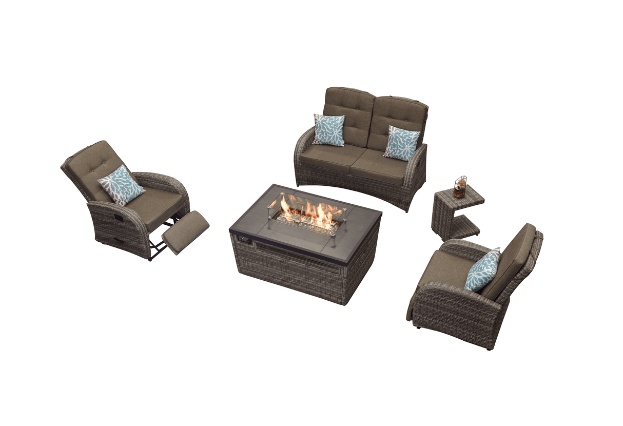 4 Seater Garden Fire Pit Sofa Set with Side Tables - Rattan Outdoor Sofa with Rectangular Fire Pit Table