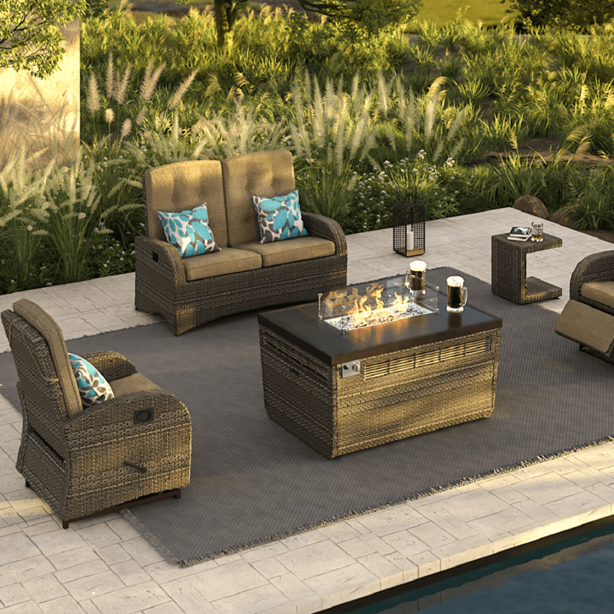 4 Seater Garden Fire Pit Sofa Set with Side Tables - Rattan Outdoor Sofa with Rectangular Fire Pit Table