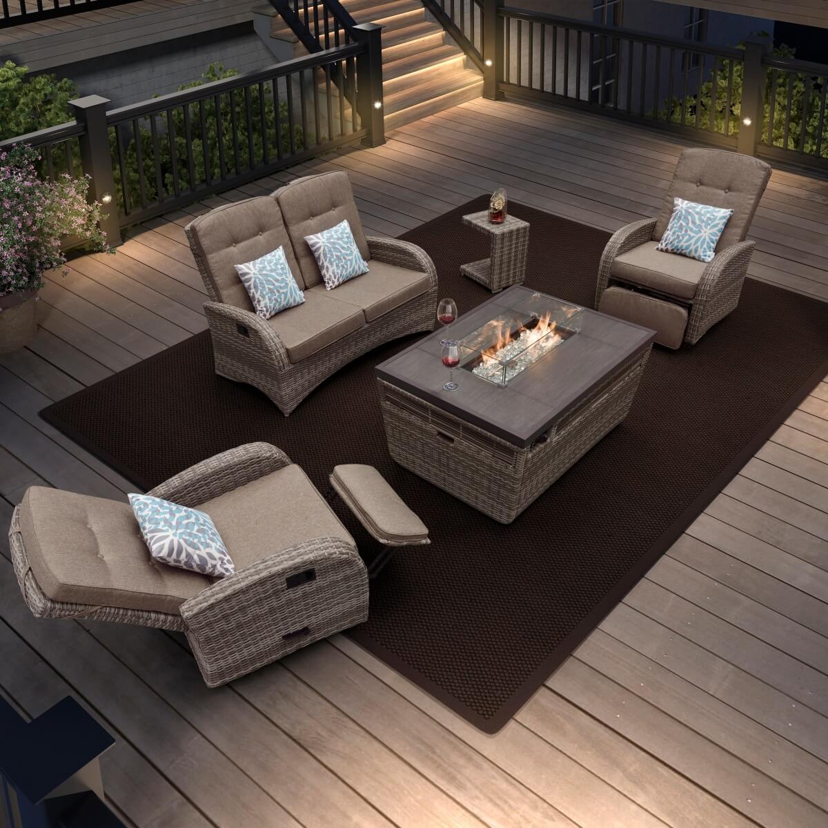 4 Seater Garden Fire Pit Sofa Set with Side Tables - Rattan Outdoor Sofa with Rectangular Fire Pit Table