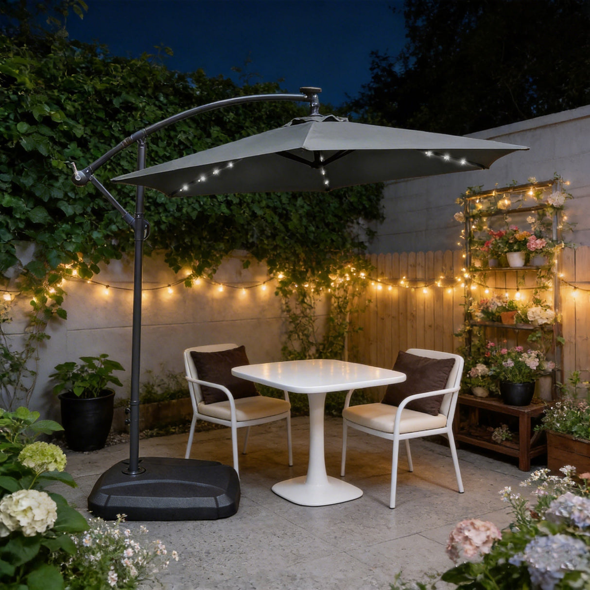 LED Cantilever Garden Parasol with Steel Frame - 8 Rib, Vented Canopy & Weighted Base