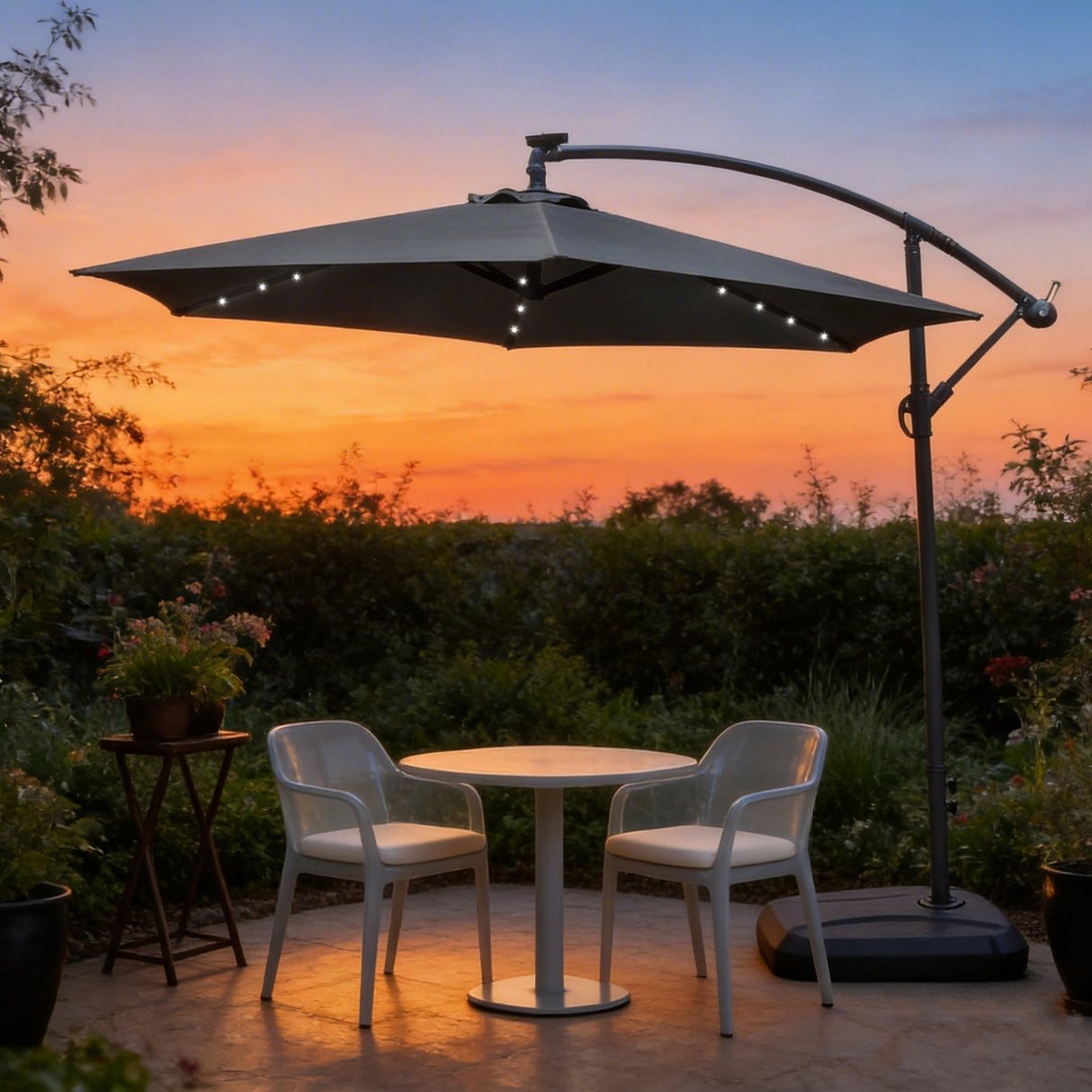 LED Cantilever Garden Parasol with Steel Frame - 8 Rib, Vented Canopy & Weighted Base