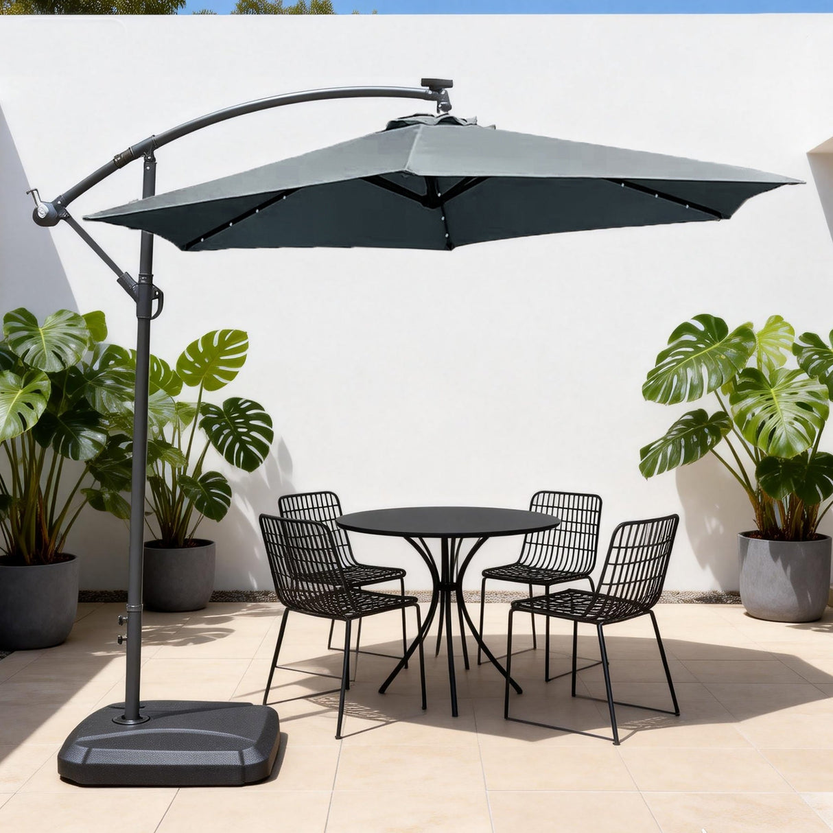 LED Cantilever Garden Parasol with Steel Frame - 8 Rib, Vented Canopy & Weighted Base
