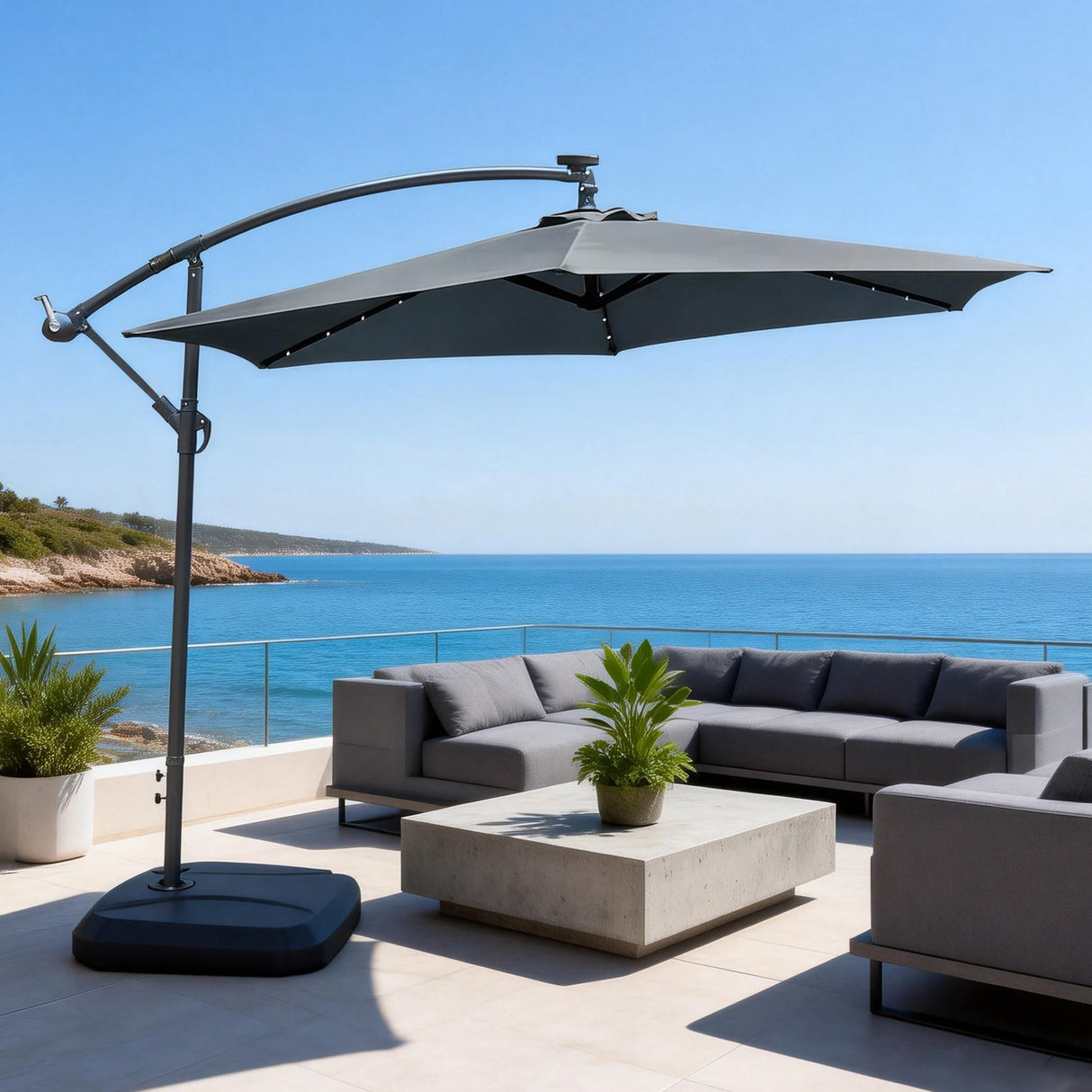 LED Cantilever Garden Parasol with Steel Frame - 8 Rib, Vented Canopy & Weighted Base