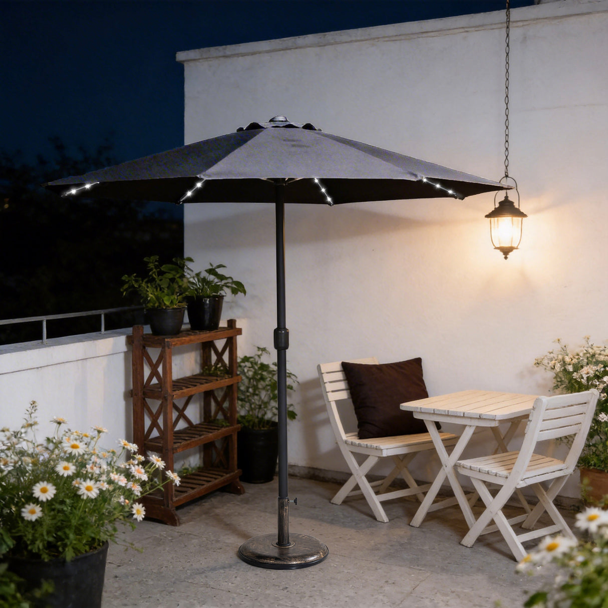 LED Garden Parasol with Steel Pole - 8 Rib, Crank Handle & Vented Canopy